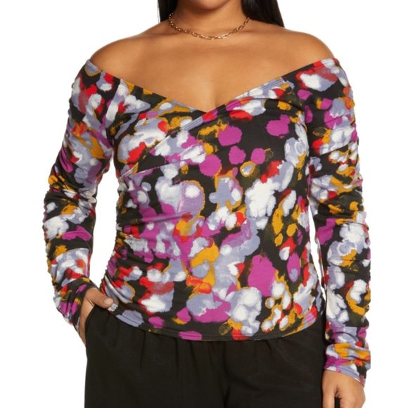 New Open Edit Off Shoulder Long Sleeve Ruched Faux Wrap Top Multi Size Small - Picture 4 of 16